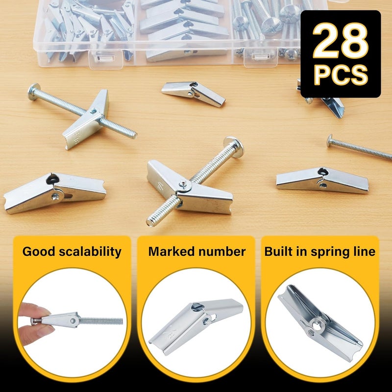MadYiboshi 28PCS Toggle Bolts, Wing Nuts, Heavy Duty Hollow Wall Anchors for Drywall Ceiling, 3 Sizes Butterfly Anchors (1/4" 3/16" 1/8") for Hang Shelves, Heavy Fixtures, Metal Drywall Anchor and Screws Kit - Image 2